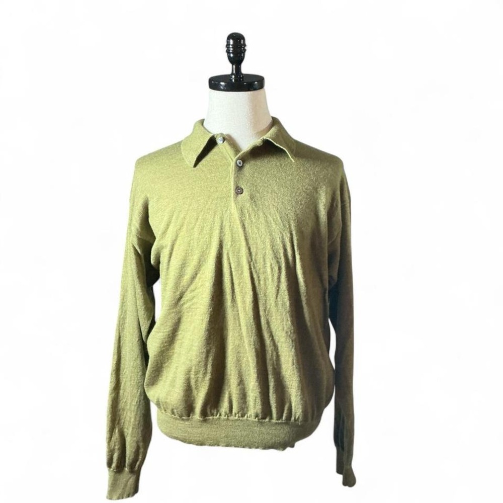 Alfani Mens Green Merino Wool Long Sleeve Polo Preppy Academia Shirt Size‎ L